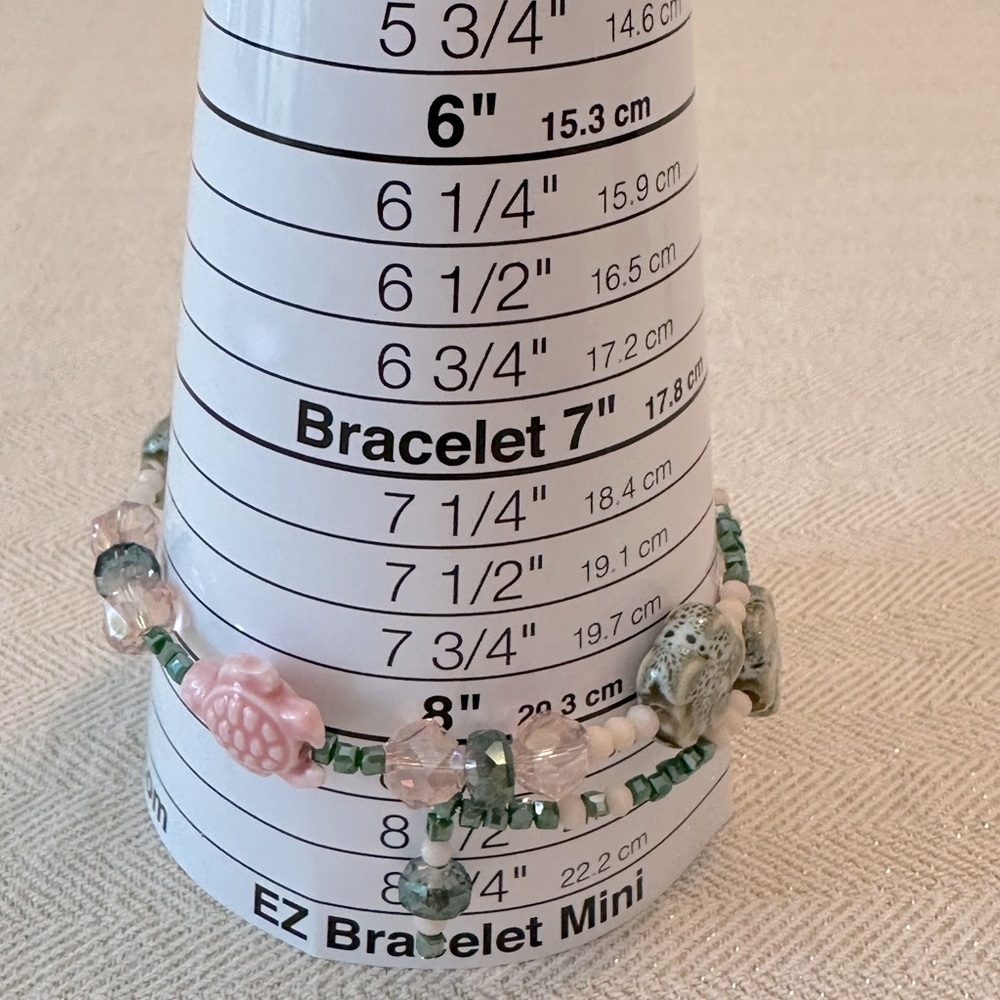 Handmade Pink & Green Ceramic Turtle Flowers Memory Wire Bracelet & Earrings Set - Picture 8 of 9